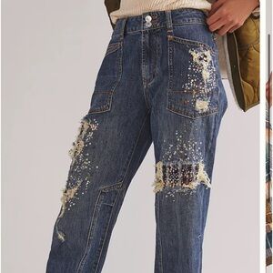 Anthro Pilcro The Wanderer Relaxed Blue Destroyed Sequins Denim, Size 30